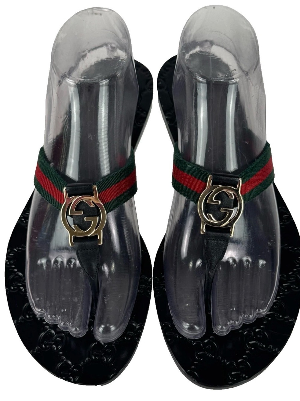 Gucci Black Leather Thong Sandals with Red and Green Web and Gold GG - Picture 12 of 15